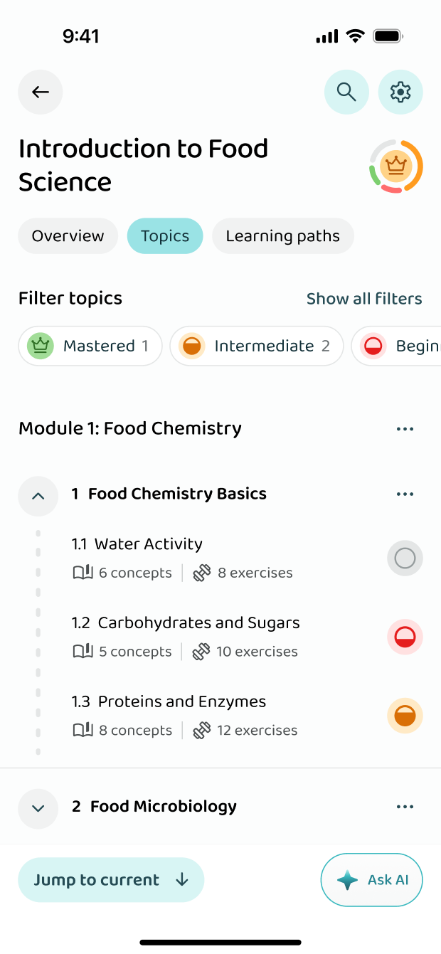 The course's topics, filtered by mastery level