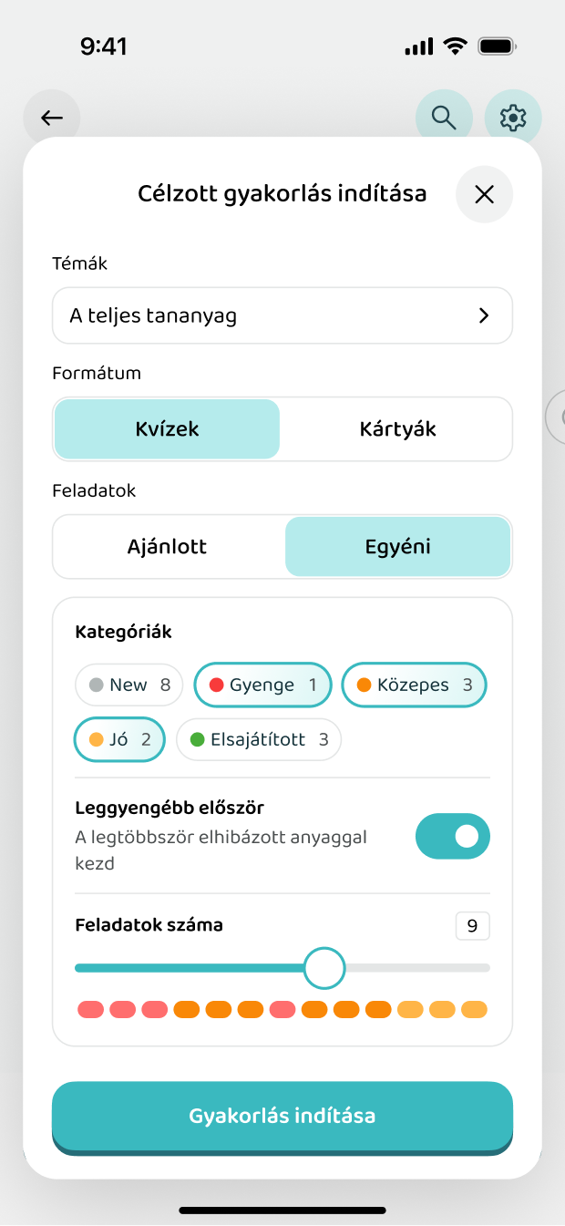 Célzott gyakorlás indítása a gyenge témákból