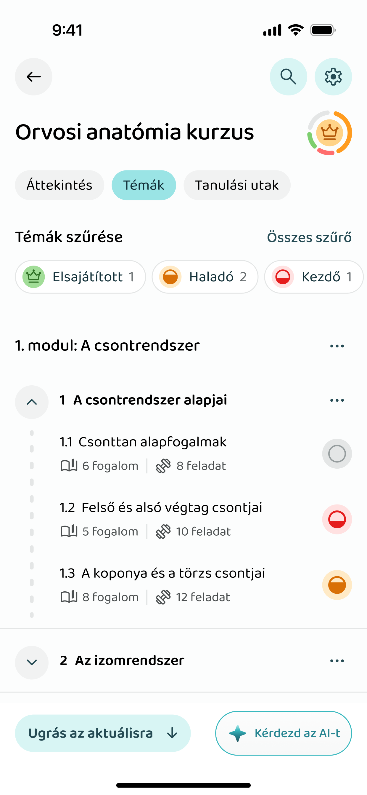 A kurzus témakörei, elsajátítási szint szerint szűrve
