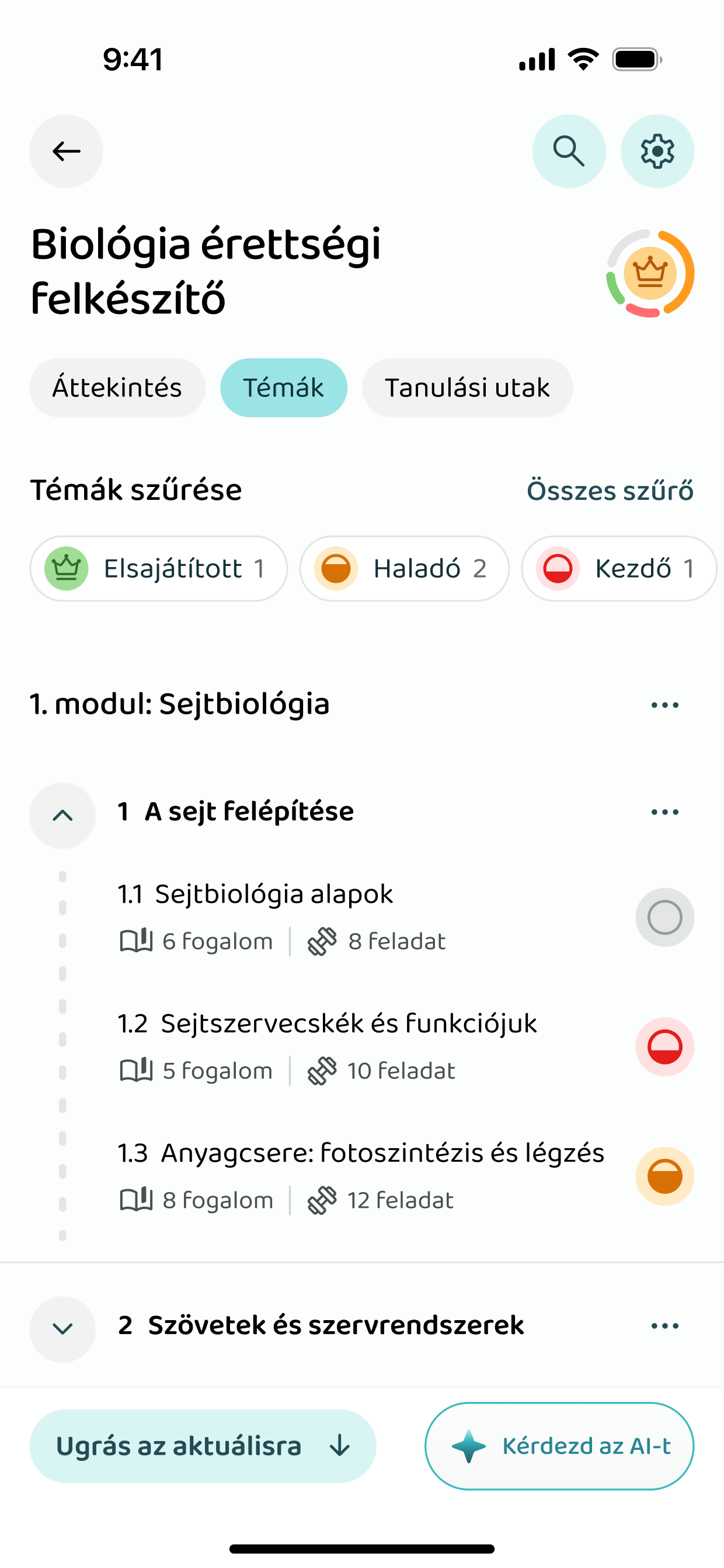 A kurzus témakörei, elsajátítási szint szerint szűrve