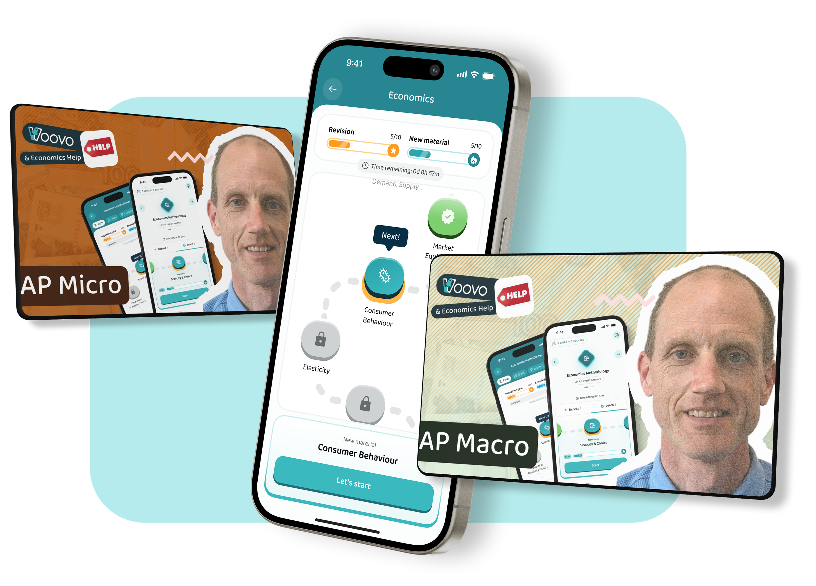 The AP Microeconomics and AP Macroeconomics courses together, beside the app on a phone
