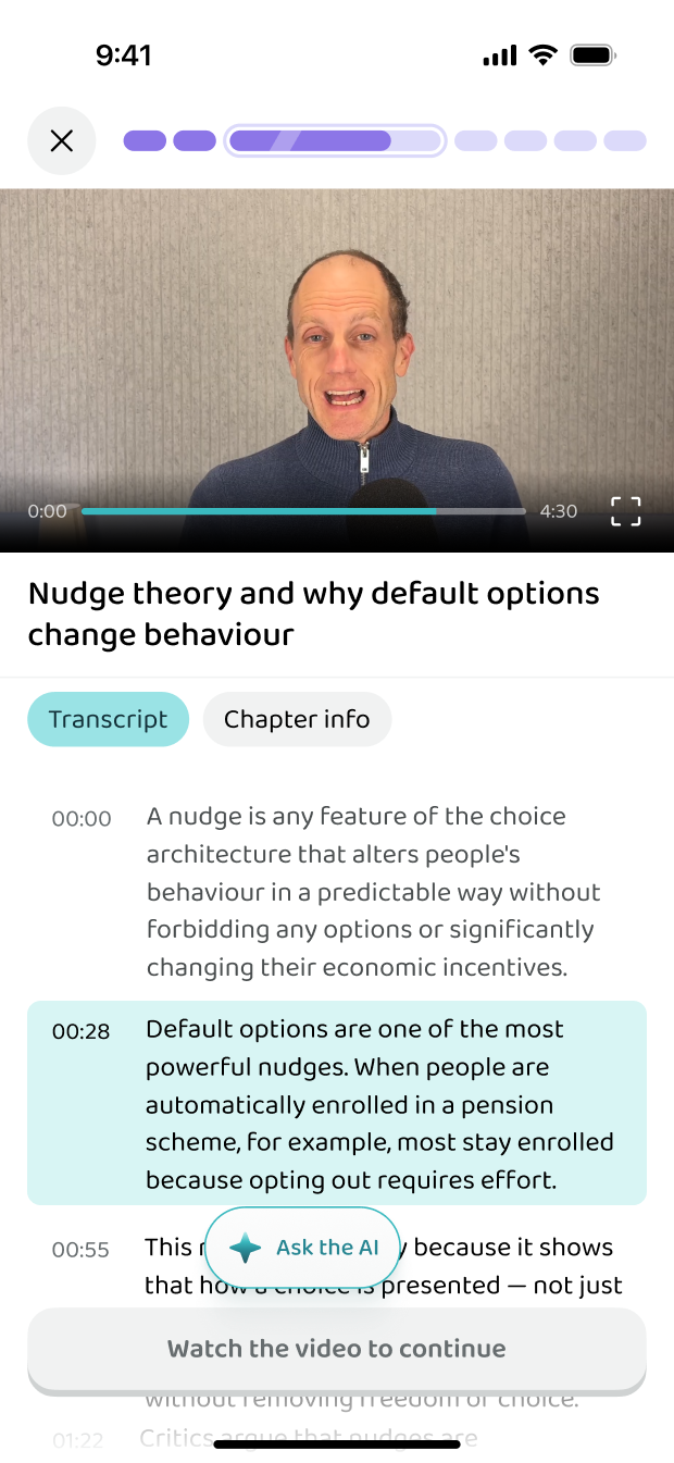 A video lesson with the transcript beside it
