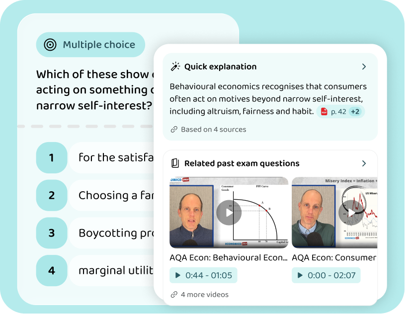 An exercise with its explanation open, cited to a page of the revision guide