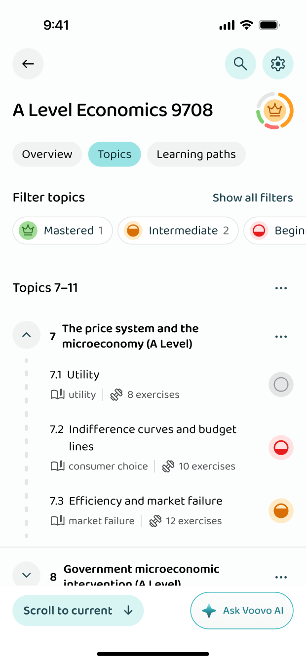 The topics as Cambridge groups them, filtered by how well you know them
