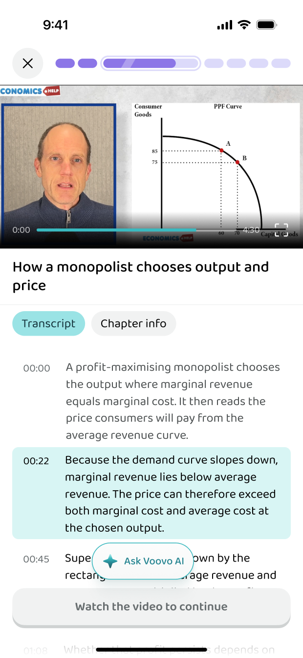 A video lesson with the transcript beside it
