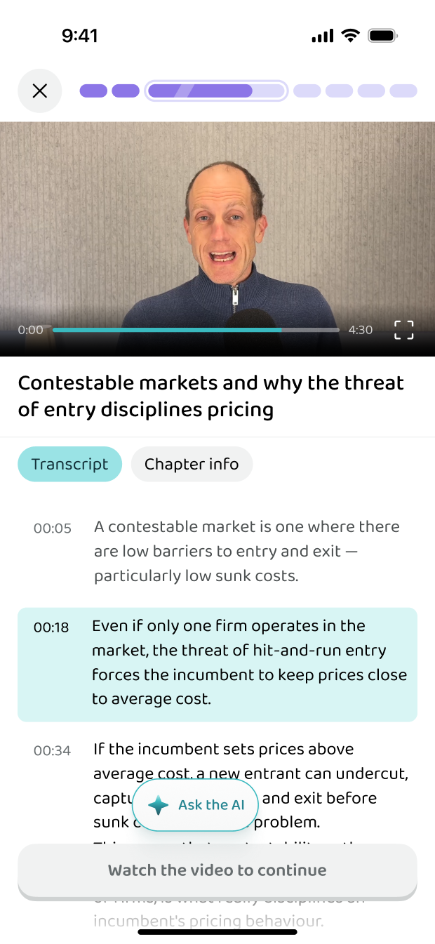 A video lesson with the transcript beside it