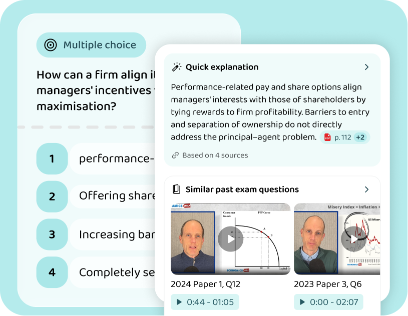 An exercise with its explanation open, cited to a page of the revision guide