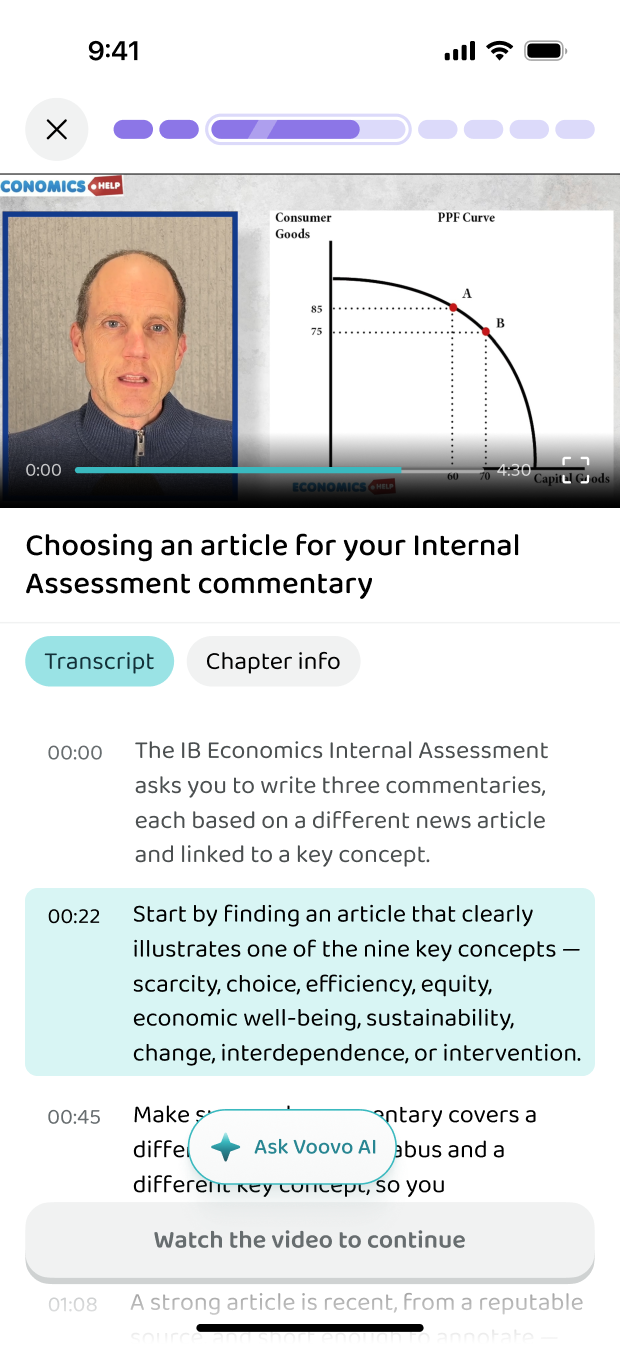 A video lesson with the transcript beside it