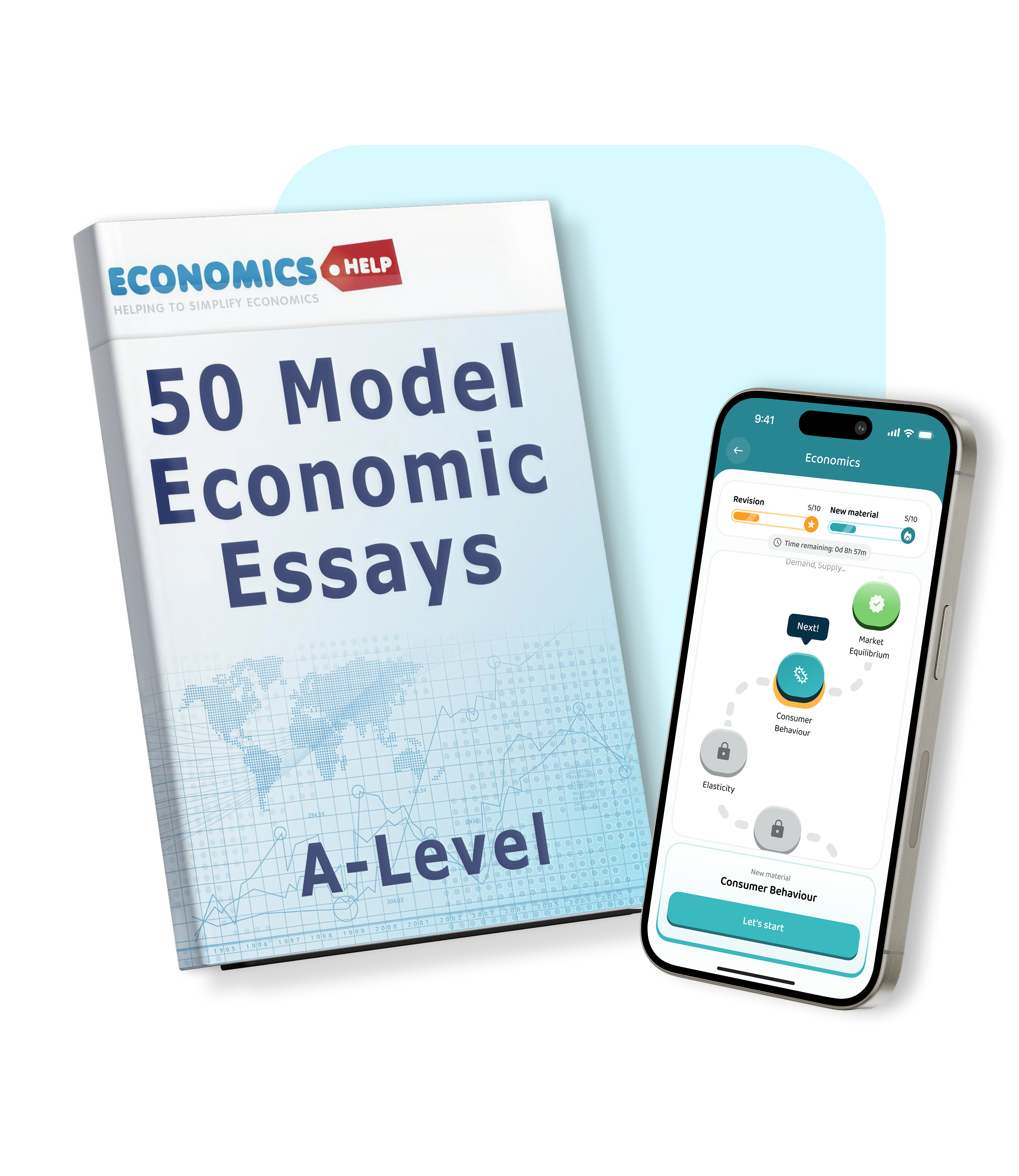 Tejvan Pettinger's 50 Model Economic Essays for A-Level beside the course on a phone