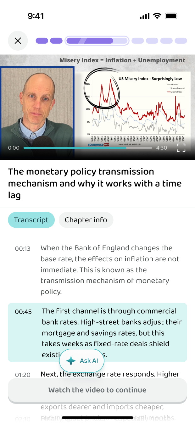A video lesson with the transcript beside it