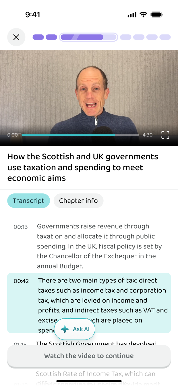 A video lesson with the transcript beside it