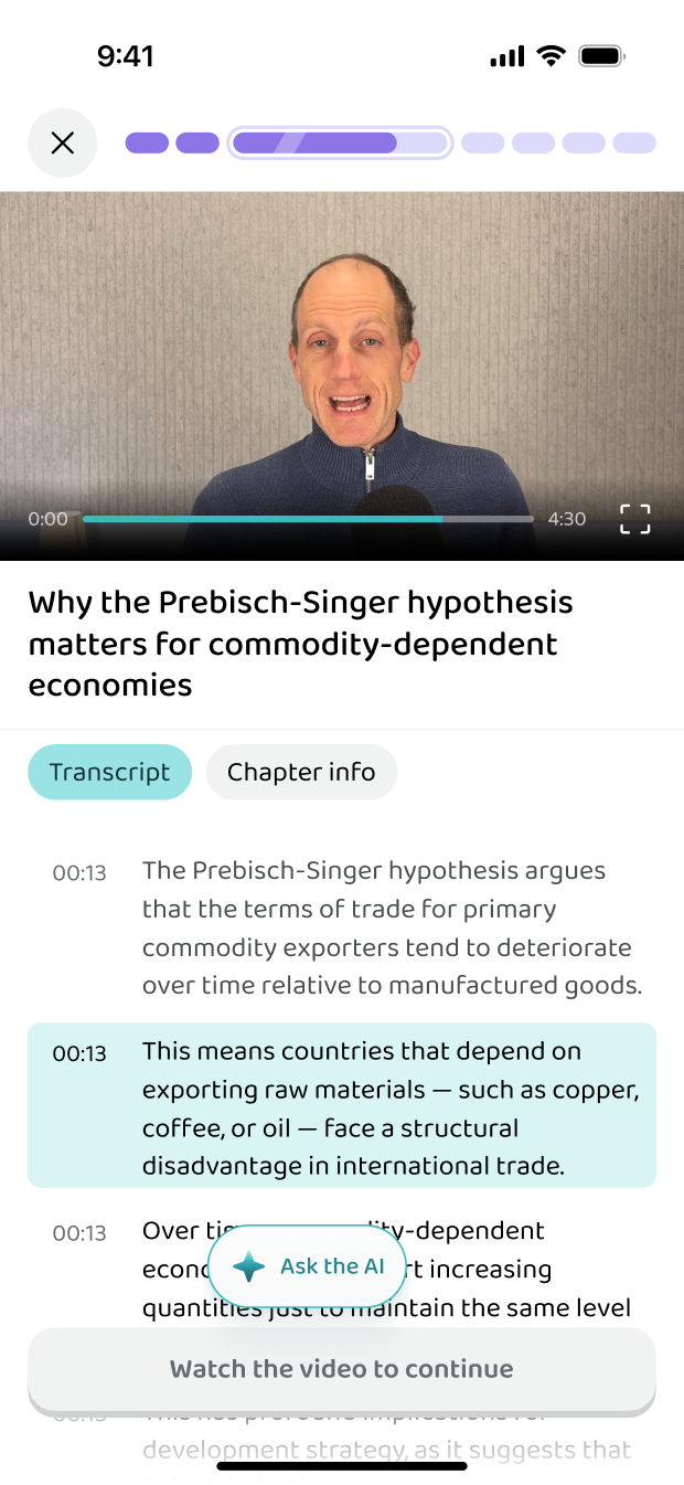 A video lesson with the transcript beside it