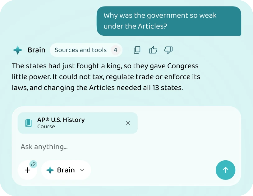 Brain answering a question on the Articles of Confederation from the course