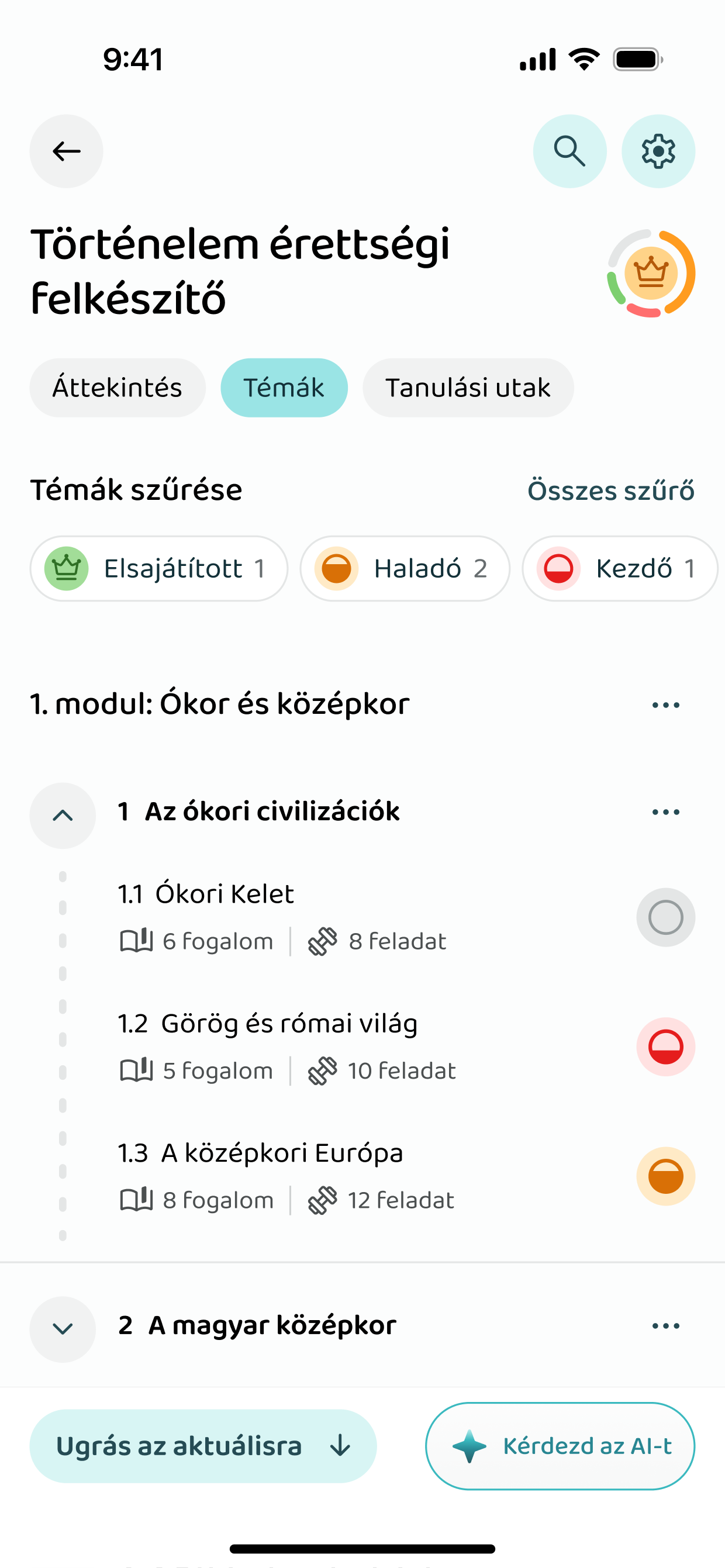 A kurzus témakörei, elsajátítási szint szerint szűrve