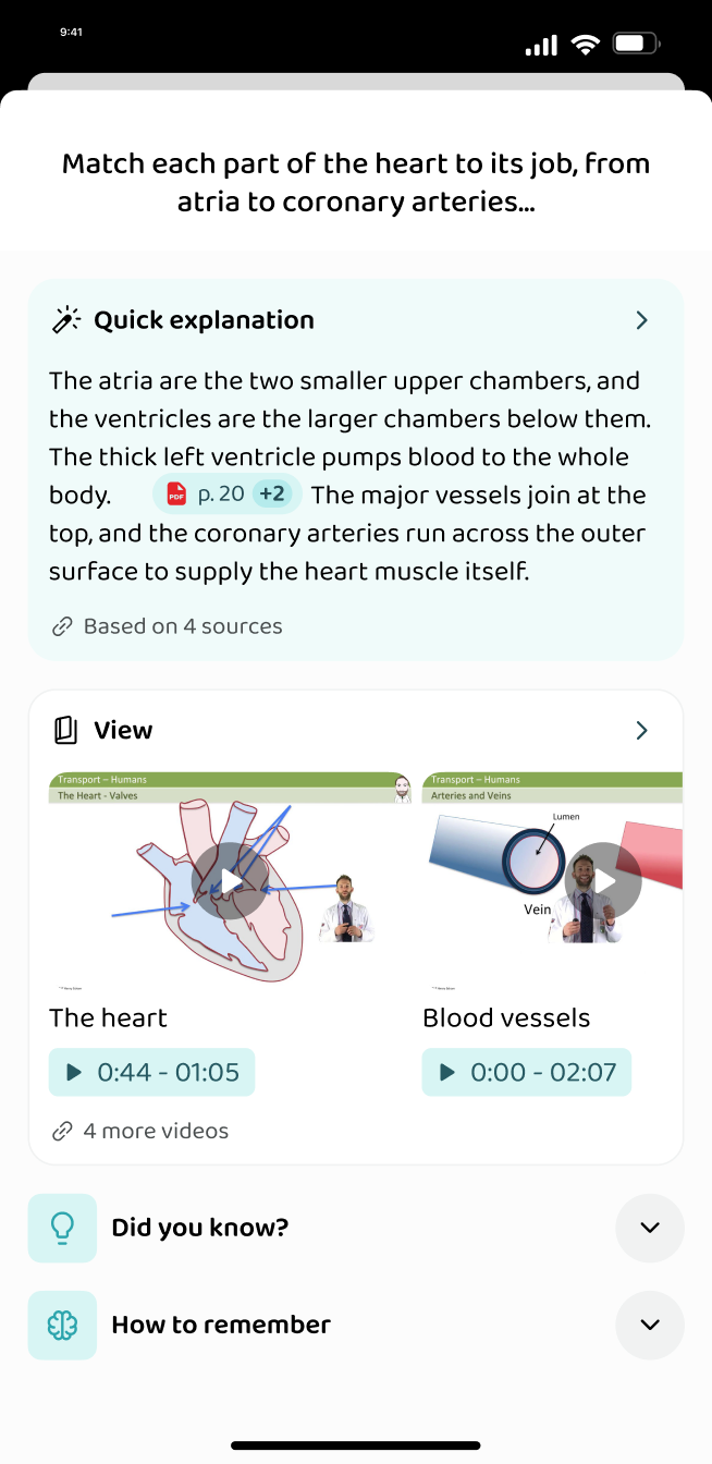 The explanation and videos attached to a question