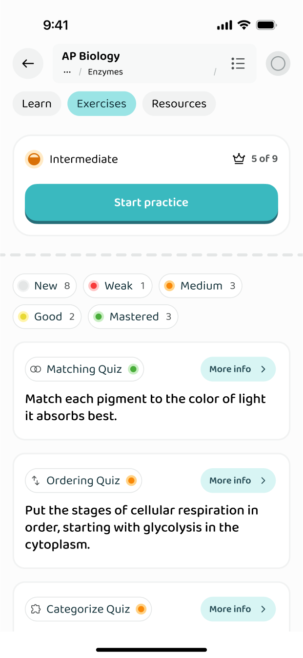 The exercises inside a subtopic