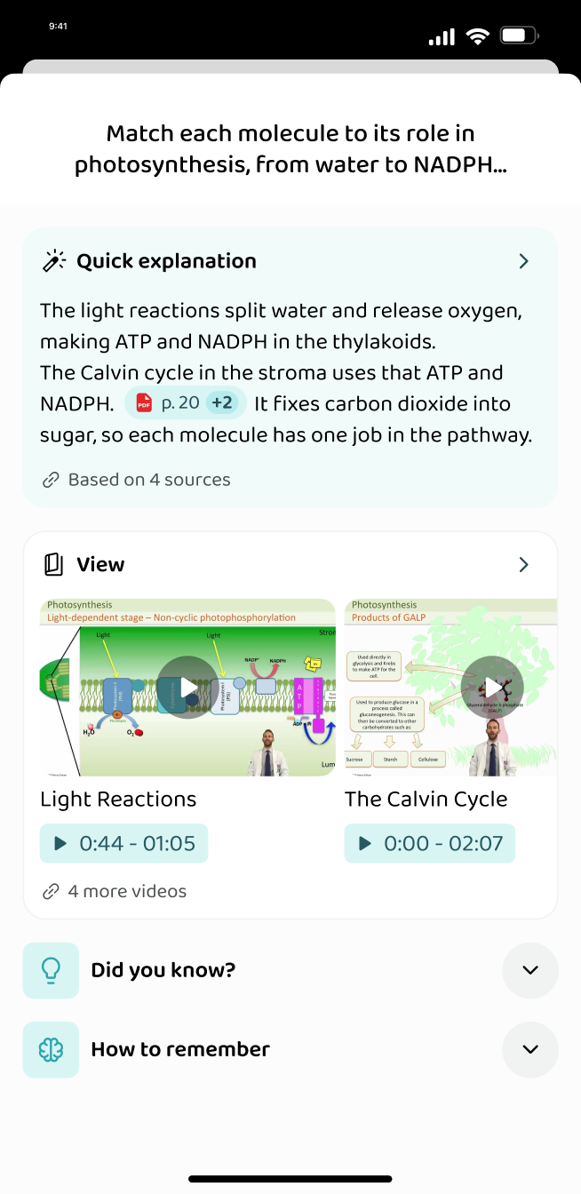 The explanation and videos attached to a question