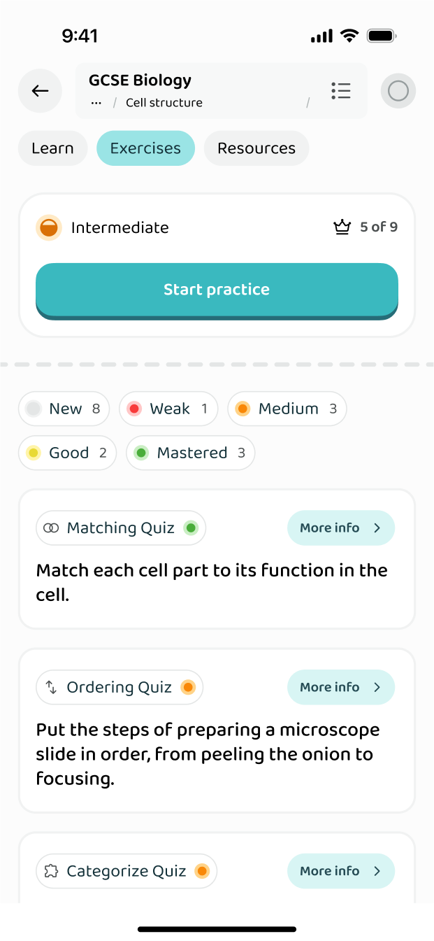 The exercises inside a subtopic