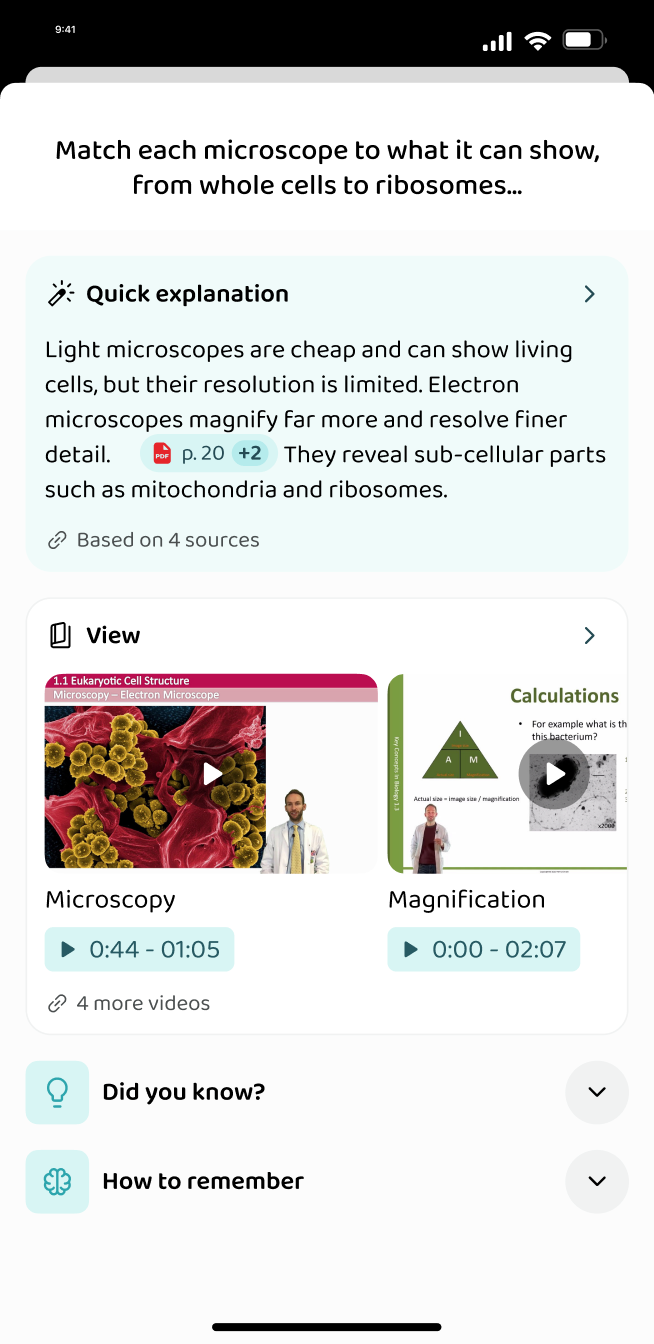 The explanation and videos attached to a question