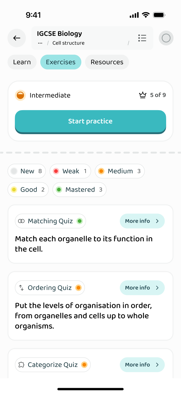 The exercises inside a subtopic