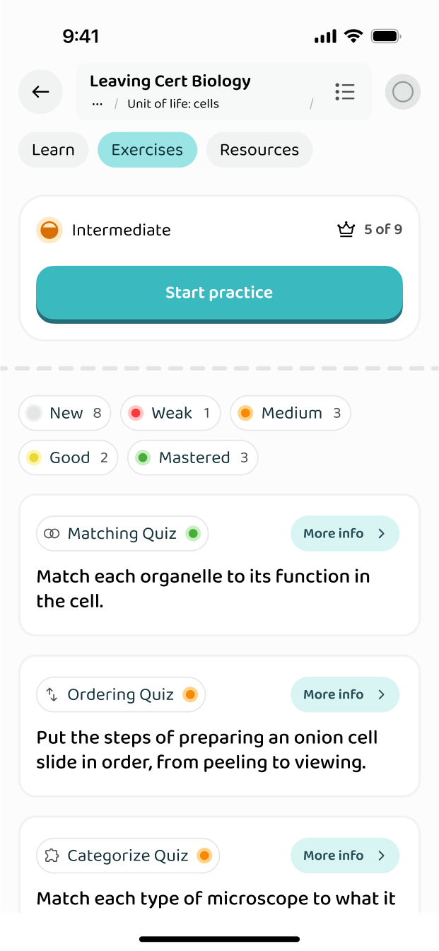 The exercises inside a subtopic