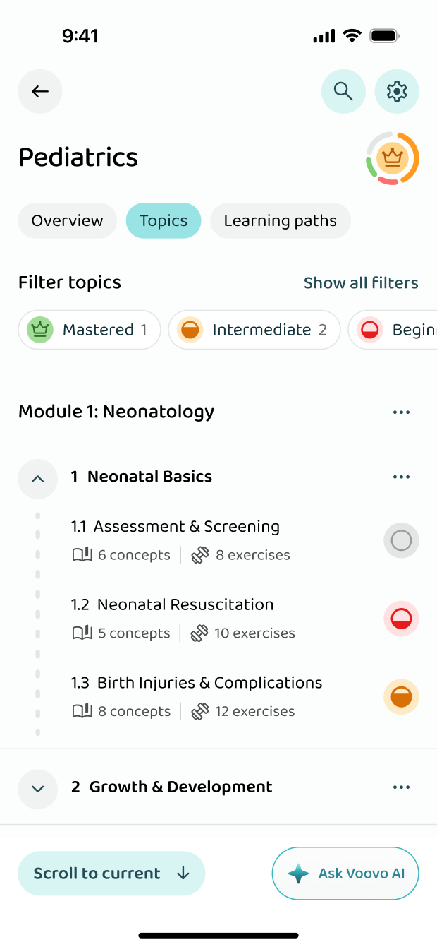 The course topics, filtered by mastery level