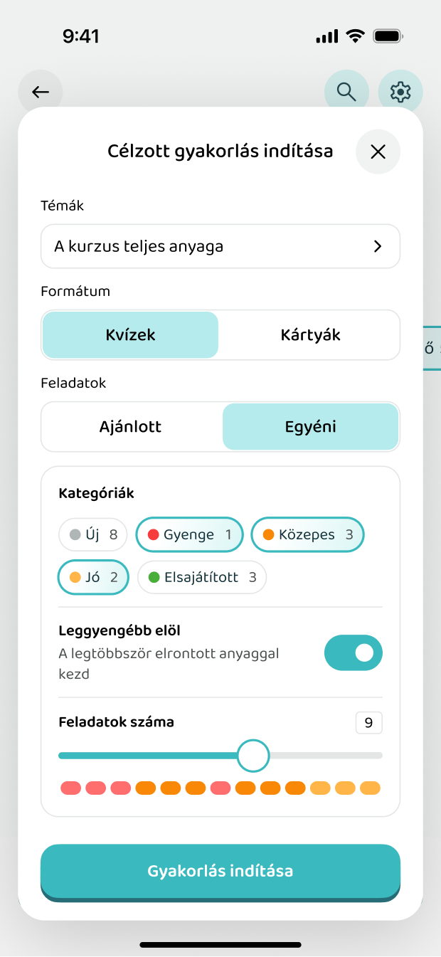 Célzott gyakorlás indítása a gyenge témákból